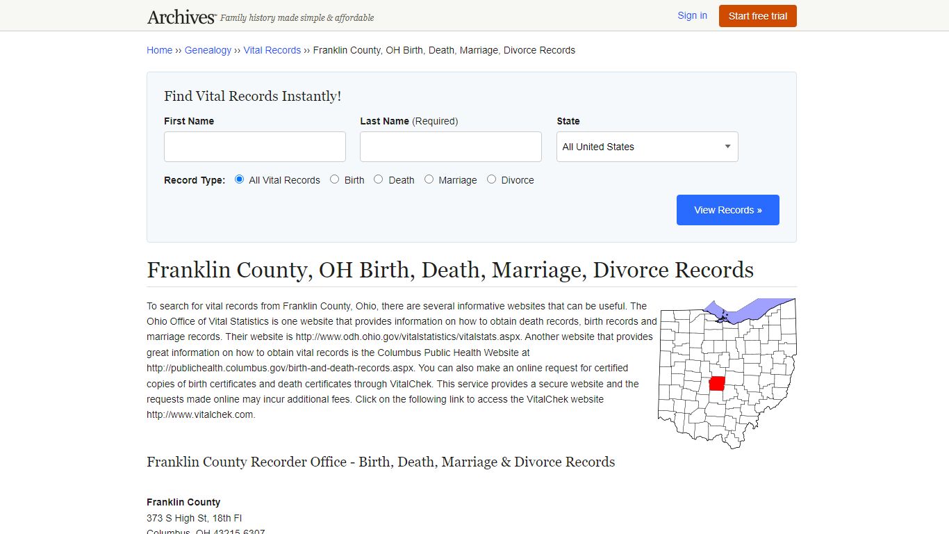 Franklin County, OH Birth, Death, Marriage, Divorce Records